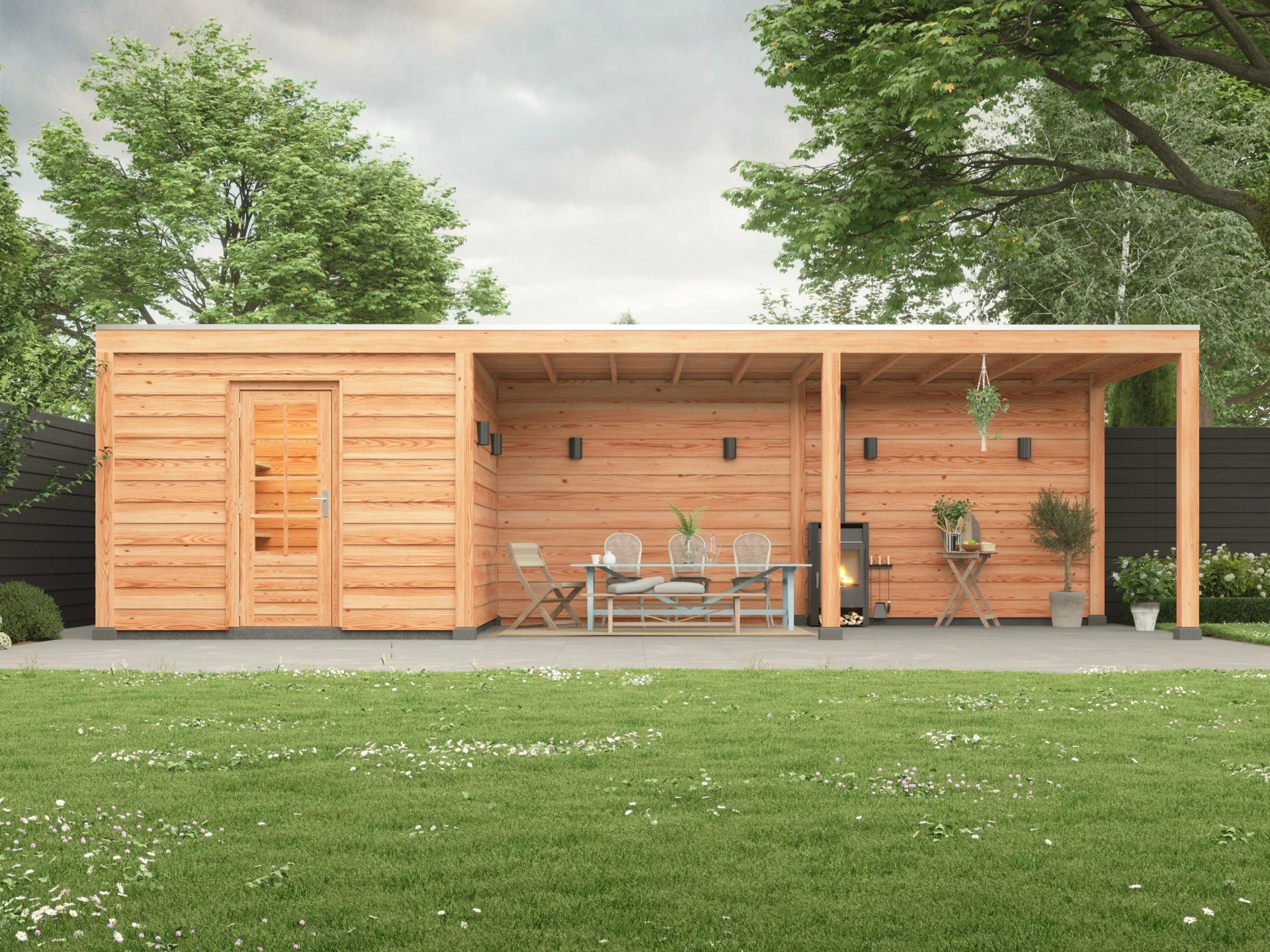 Douglas overkapping, 600 x 400, met schuur en achterwand, Westwood Modern - Afbeelding 2